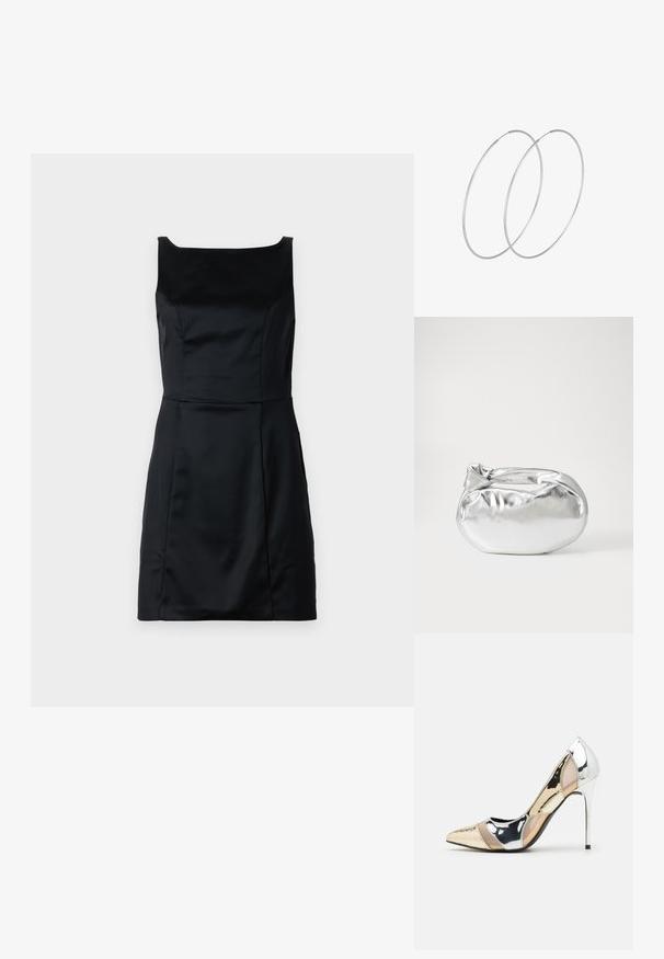 Melnas bezpiedurkņu kleitas, kas izgatavota no gludas auduma, ar kvadrātveida dekoltē, pieguļošu augšu un izplestu svārku ar tīrām līnijām.; Apspīlēta augstpapēžu kurpe ar zeltītu, sudrabi un neitrālu krāsu kombināciju. Spīguļojoša virsma ar izgriezuma dizainu, aprīkota ar stiletto papēdi.; Sudraba metāliska poga somiņa ar mīkstu, noapaļotu formu un mezgla augšējo aizdari. Izgatavota no gludas mākslīgās ādas materiāla.; Sudraba gredzenveida auskari ar minimālistisku dizainu. Cirkulāra forma, gluda tekstūra un plāns profils. Vieglu svaru ar spīdīgu apdari.