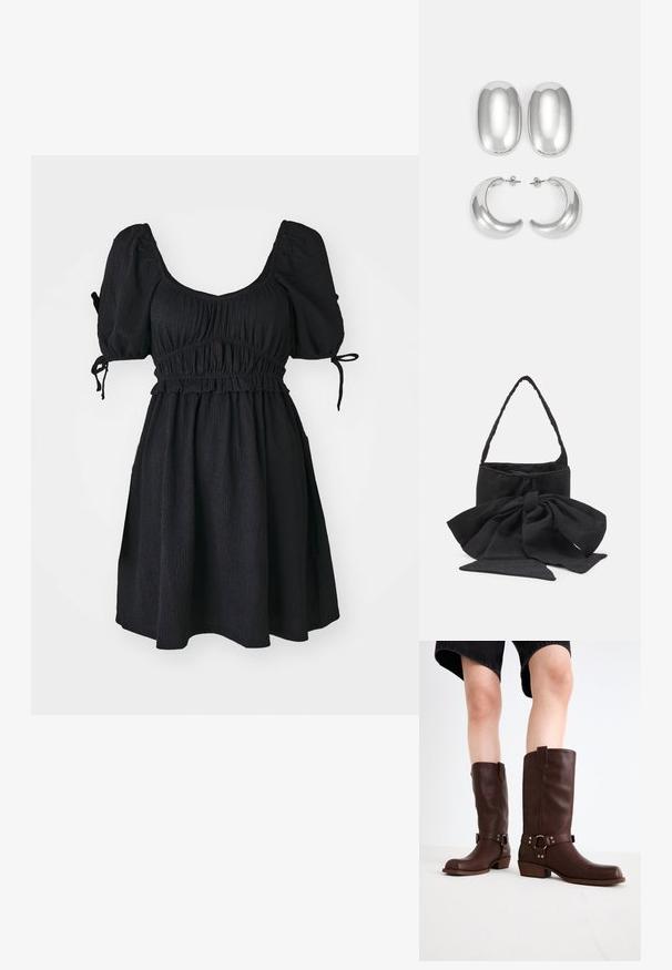 Svart kjole med korte pufferm, tettsittende bodice med samlet elastikk og en flagrende skjørte. Laget av teksturert stoff.; Brune lærknesko med rund tå, teksturert overflate, ankelrem og detaljer i sølv; stablet hæl.; Svart stoffhåndveske med en knyttet sløyfe, rund form, teksturert overflate med små mønstre, og et enkelt, tynt håndtak.; Sølvfargede øredobber sett: to ovale stifter og to halvmåneformede hoops, med en glansfull, glatt overflate og en rund design.