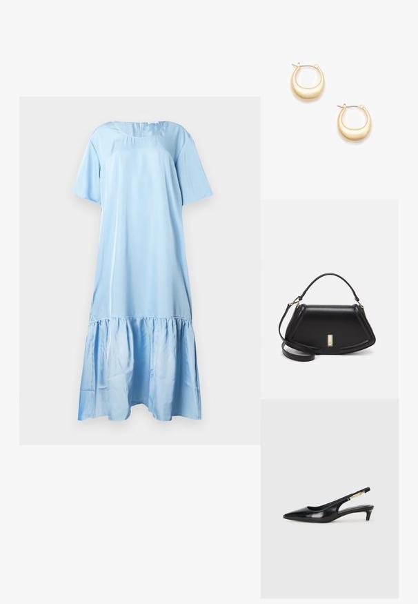 Ljusblå kortärmad klänning av slät tyg. Har en volangprydd fåll och en rundad halsringning med stängning baktill.; Svart läder slingback-hälar med spetsig tå, med en smal klack och en guldtonad detalj på den justerbara remmen. Slät textur.; Svart läderhandväska med en strukturerad design, som har en avskuren form, ett handtag upptill och guldiga detaljer. Justerbar axelrem ingår.; Guldtonade hoopörhängen med en slät, rundad form och en glänsande yta. Säkra med en silvertonad gångjärn.