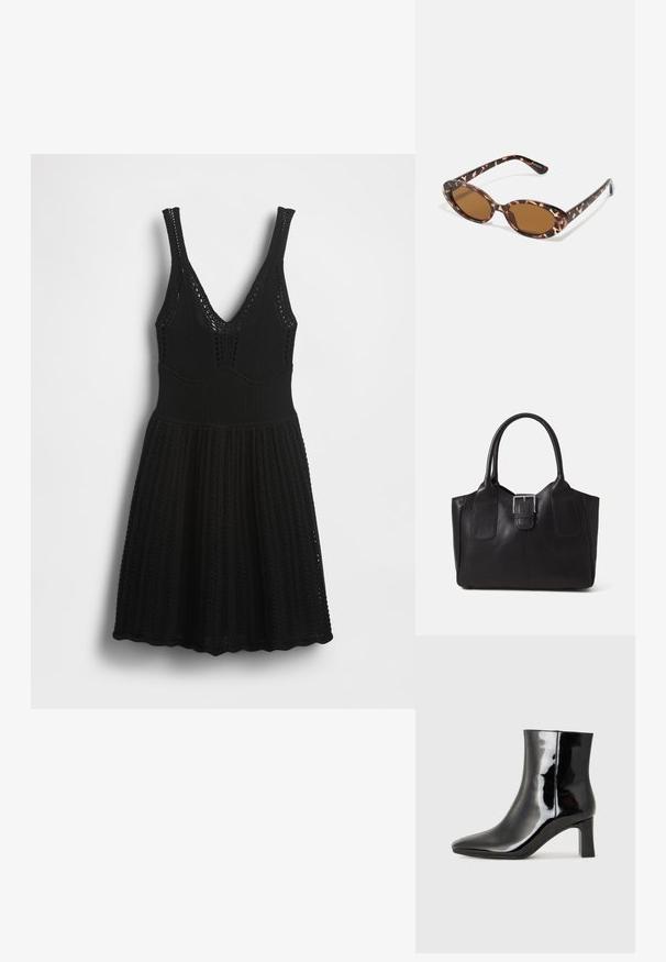 Vestido preto de malha com decote em V, alças finas, textura canelada e saia evasê com padrões rendados ao longo do corpete e da bainha.; Botim de tornozelo em pele sintética preta com bico apontado e salto bloco de altura média. Textura suave e design minimalista.; Óculos de sol em tartaruga com lentes ovais, com tonalidade castanha, hastes finas com padrão texturizado, estrutura leve em plástico.; Bolsa tote de couro preta com textura suave, forma estruturada, duas alças e um destaque prateado proeminente na parte da frente.