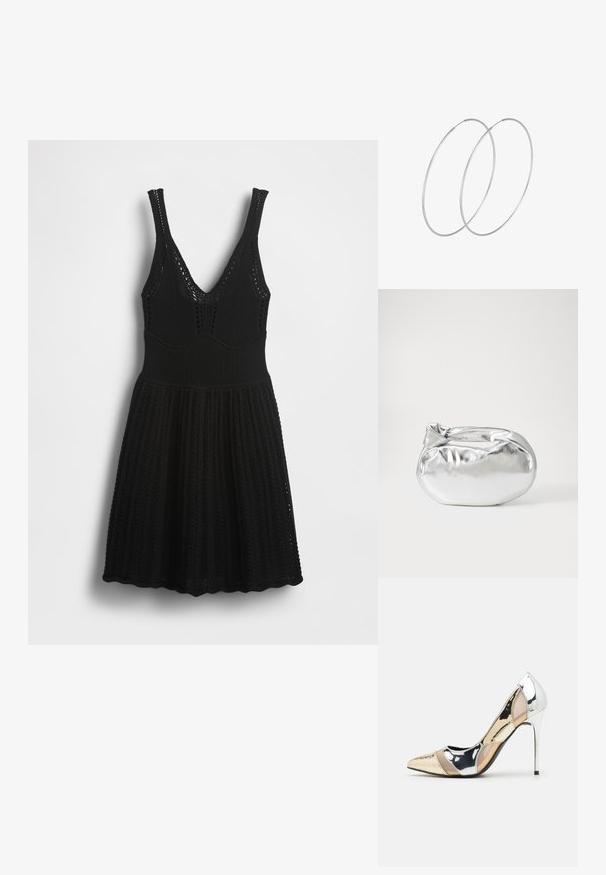 Čierne pletené šaty s výstrihom do V, tenkými ramienkami, rebrovanou štruktúrou a rozšírenou sukňou s otvorenými vzormi na korzete a leme.; Lodičky s špičatou špičkou v striebornom, zlatom a telovom farebnom prevedení. Lesklý povrch s výrezovým dizajnom, s ihlovým opätkom.; Strieborná metalická taška s mäkkým, zaobleným tvarom a uzáverom s uzlíkom. Vyrobená z hladkej syntetickej kože.; Strieborné kruhové náušnice s minimalistickým dizajnom. Cirkulárny tvar, hladký povrch a tenký profil. Ľahké s lesklým povrchom.
