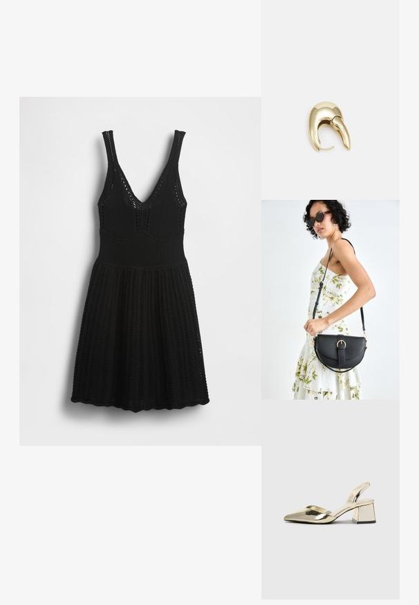 Črna pletena obleka z izrezom v obliki črke V, tankimi naramnicami, rebrasto teksturo in razširjenim krilom z odprtimi vzorci vzdolž zgornjega dela in spodnjega roba.; Zlati, kovinski slingback čeveljci z ostrim nosom in masivnim peto. Gladka tekstura, minimalistična zasnova in ozka zanka.; Črna usnjena torbica s ukrivljeno obliko, z odstranljivo naramnico in zlatimi dodatki. Torbica ima pokrov s podrobnostmi v obliki zaponke.; Uhane nakit iz zlatastega tona z gladko, ukrivljeno zasnovo. Ima edinstveno koničasto obliko, polirano površino in zaponko s tečajem.