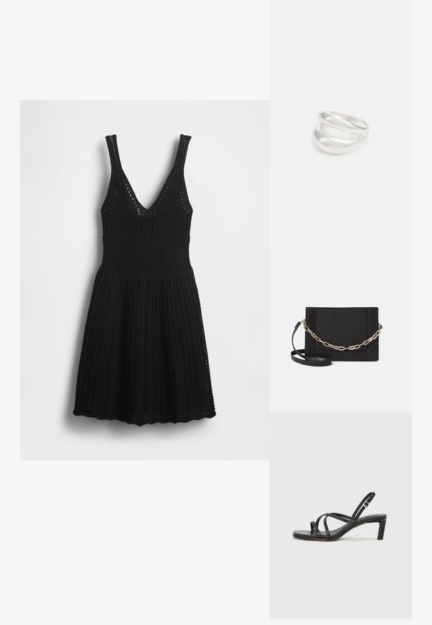 Melnā adītā kleita ar V-veida izgriezumu, smalkām lencītēm, ribotu faktūru un izplūdušu svārku ar atvērtas adījuma rakstiem gar krūšu daļu un apakšu.; Melnas strappy sandales ar kvadrātveida purngaliem un zemu bloku papēdi. Ievērojamas ar vairākiem plāniem siksniņām un regulējamu potītes siksniņu. Izgatavotas no gludas ādas.; Melna ādas crossbody soma ar gludu faktūru, taisnstūrveida formu un metalizētu ķēdes detaļu priekšā. Iekļauta regulējama siksna.; Sudraba divu joslu gredzens ar gludu, pulētu virsmu. Iezīmējas ar plūstošu, izliekta dizaina struktūru ar pārklājošām sekcijām modernam izskatam.