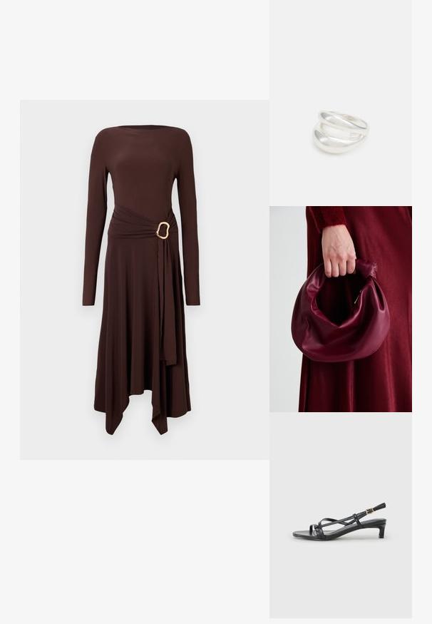 Ilga rankovėm ruda suknelė, pagaminta iš minkštos medžiagos, turinti suvyniotą liemenį su auksinės spalvos akcento sagtimi ir asimetrinį kraštą.; Juodas atviras sandalai su kryžminėmis juostelėmis, plonu kulnu ir reguliuojamu kulkšnies dirželiu. Pagaminti iš lygios sintetines medžiagos.; Bordo odinė rankinė su minkštu, susiraukšlėjusiu dizainu ir apvalia forma. Rankena yra tvirtai pritvirtinta, atskleidžianti lygią tekstūrą.; Sidabrinis dvigubas žiedas su lygiu, poliruotu paviršiumi. Pasižymi sklandžiu, kreiptu dizainu su persipinančiomis dalimis, suteikiančiomis modernų išvaizdą.