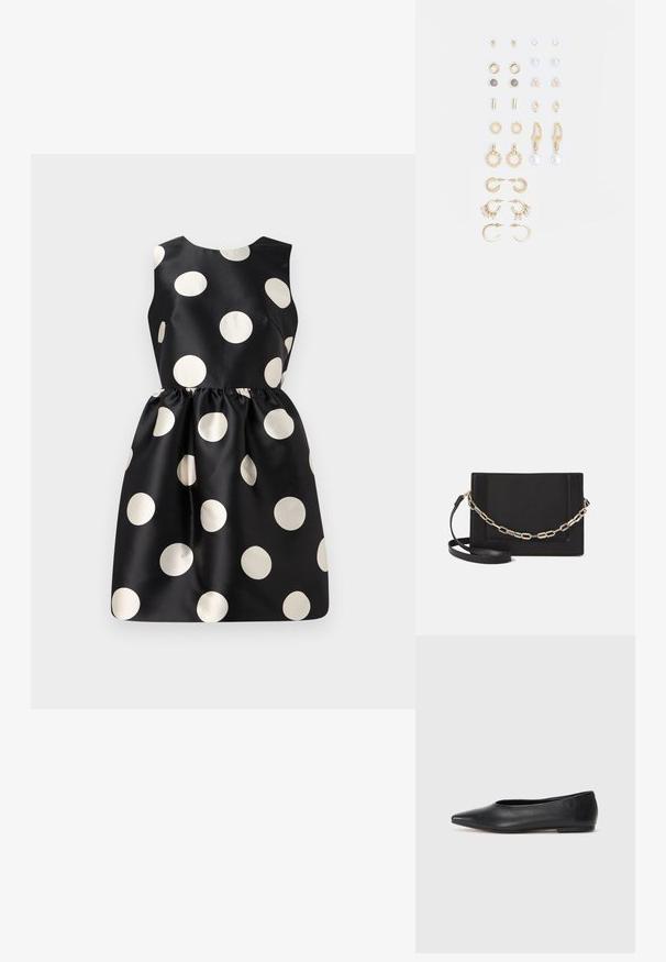 Musterning mustriga mustreid valgete täppidega must kleit, ilma varrukateta disain, sile kangas, kogutud taljejoon ja ümmargune kaelus.; Musthave mustris balletkingad, terav nina, minimaliseeritud disain, sile pind, madal konts, ilma nähtava riistvara või kaunistusteta.; Mustast nahast õlakott, mis omab siledat tekstuuri, ristküliku kuju ning esiküljel metallketi detaili. Reguleeritav rihm on kaasas.; Kullastusust kõrvarõngaste komplekt, mis sisaldab erinevaid disaine, sealhulgas nööpe, rõngaid ja riputatavaid tükke, millel on pärlid ja rhinestones.