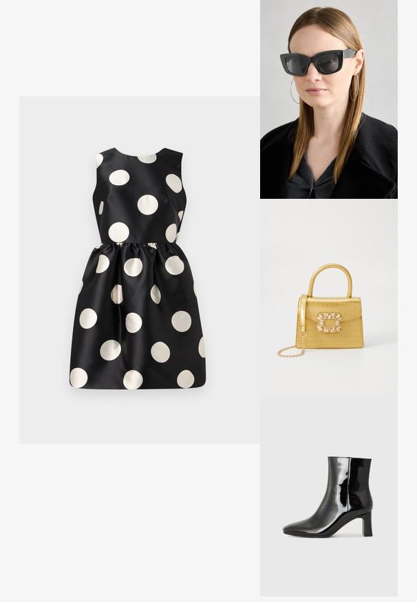 Fekete ruha nagy fehér pöttyökkel, ujjatlan kialakítás, sima anyag, ráncolt derékvonal és kerek nyakkivágás.; Fekete lakk bőrcipő bokáig érő, hegyes orral és közepes magasságú tömbsarokkal. Simább textúrával és minimalista dizájnnal rendelkezik.; Fekete macskaszem napszemüveg sötét lencsékkel, vastag kerettel és diszkrét díszítésekkel. Fekete kabátot és szürke felsőt visel, hosszú egyenes hajjal.; Sárga műbőr krokodil mintás kézitáska strukturált kialakítással, felső fogantyúval, leválasztható lánccal és díszes kristály díszítéssel a záron.