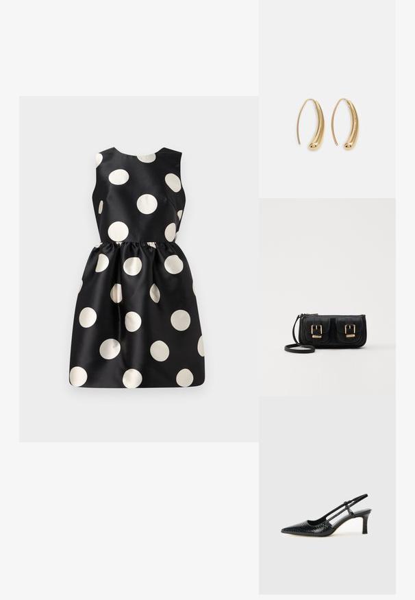 Černé šaty s velkými bílými puntíky, bez rukávů, hladká tkanina, nařasený pas a kulatý výstřih.; Černé lakované slingback podpatky s špičatou špičkou, zdobené texturovaným hadím vzorem, nastavovacím páskem a krátkým texturovaným blokovým podpatkem.; Černá kožená crossbody taška se dvěma předními kapsami, zlatými přezkami, zipovým uzávěrem a štíhlým popruhem. Texturovaný povrch a kompaktní obdélníkový tvar.; Náušnice ve tvaru kruhu z pozlaceného kovu s vroubkovaným, prodlouženým tvarem. Mají hladký, lesklý povrch a zaoblený konec pro zvýraznění detailu.