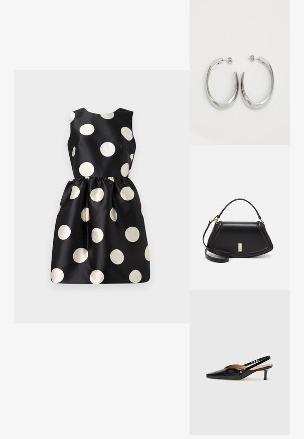 Rochie neagră cu buline albe mari, design fără mâneci, material neted, talie strânsă și decolteu rotund.; Pantofi slingback din piele patent neagră, cu vârf ascuțit, toc mic și un design cu decupaj pe partea superioară. Accente din metal auriu pe laterale.; Geantă de umăr din piele neagră, cu un design structurat, având o formă tăiată, mânere superioare și accente din aur. Include o curea de umăr ajustabilă.; Cercei din argint, cu un design neted și curbat. Prezintă o finisare metalică strălucitoare și închidere cu stud. Fără modele sau accente vizibile.