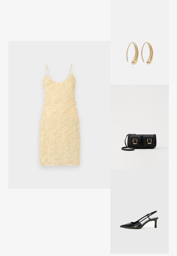 Žlté bezrukanové šaty s priliehavým strihom. Obsahujú textúrovaný povrch s rozstrapkanými detailmi po celom obvode. S tenkými ramienkami a výstrihom do V.; Čierne patentové slingback topánky na ihlovom podpätku s špicatou špičkou, s textúrovaným hadím vzorom, nastaviteľným popruhom a krátkym, textúrovaným blokovým podpätkom.; Čierna kožená crossbody taška s dvoma prednými vreckami, zlatými sponami, zipsovým uzatváraním a úzkym popruhom. Štruktúrovaný povrch a kompaktný obdĺžnikový tvar.; Náušnice vo forme zlatých kovových kruhov s zakriveným, predĺženým tvarom. Majú hladký, lesklý povrch a zaoblený koniec pre pridanie detailu.