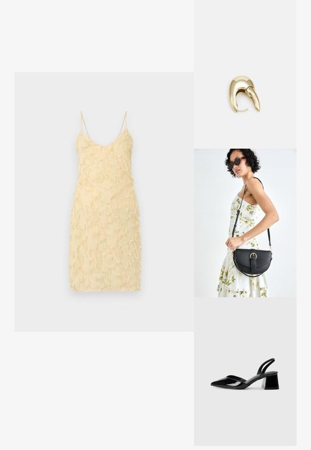 Dzeltena bez piedurknēm kleita ar pieguļošu siluetu. Izceļas ar teksturētu virsmu un fringa detaļām visā kleitā. Ar spageti siksniņām un V veida kakla izgriezumu.; Melna lakota āda ar atvērto papēdi, ar smailu purngalu un ģeometrisku blokpapēdi. Iezīmējas elegants, minimāls dizains un gluda tekstūra.; Melnas ādas rokassoma ar izliekta formu, noņemamu siksnu un zelta aksesuāriem. Somai ir vāciņš ar sprādzes detaļu.; Zeltīti metāla auskari ar gludu, izliekta dizaina. Ar atšķirīgu smailu formu, pulētu virsmu un eņģu aizdari.