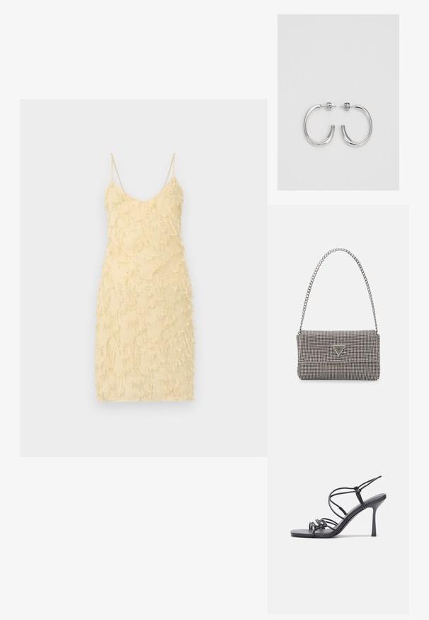 Dzeltena bez piedurknēm kleita ar pieguļošu siluetu. Izceļas ar teksturētu virsmu un fringa detaļām visā kleitā. Ar spageti siksniņām un V veida kakla izgriezumu.; Melnas augstpapēžu sandales ar plāniem siksniņām un mezgla dizainu, gluda kvadrātveida purngalu un elegantu stiletto papēdi.; Gaiši pelēka metāla rokassoma ar ķēdes siksnu, rotāta ar mazām apaļām metāla kniedēm un trīsstūra zīmola logo.; Sudraba riņķveida auskari ar gludu, spīdīgu apdari. Apaļas formas, viegla dizaina, ar aizdari uz stieples.