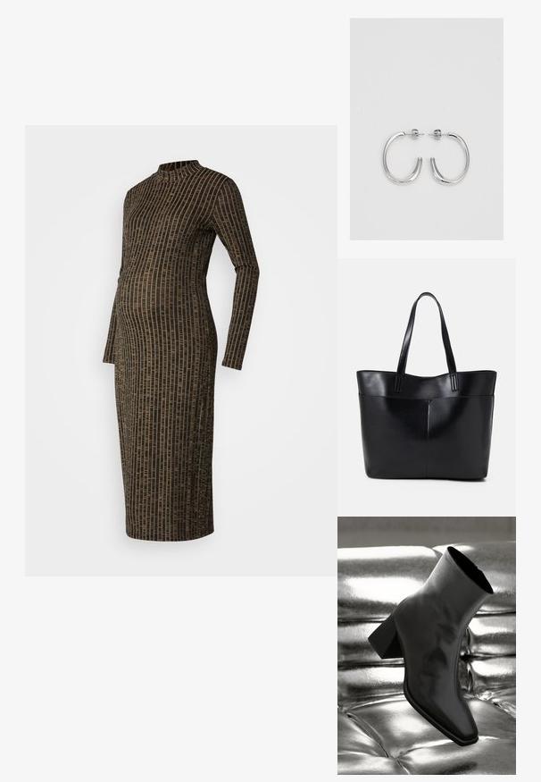 Pitkähihainen, vartalonmyötäinen neulemekko, jossa on korkea kaulus ja musta-kultainen pystyraitakuosi. Polveen saakka ulottuva pituus.; Musta nilkkuri, joka on valmistettu kiiltävästä materiaalista, jossa on neliömäinen kärki ja kapeahko kanta, asetettuna kiiltävän hopean tuftatun taustan eteen.; Musta nahkainen kassi, jossa on kaksi pitkää kahvaa, sileä pinta ja jämäkkä muoto. Sisältää etutaskun lisävarastointia varten.; Hopehopeet hopehopeet hopehopeet hopehopeet, jolla on sileä, kiiltävä pinta. Pyöreä muoto, kevyt rakenne, jossa on neulakiinnitys.