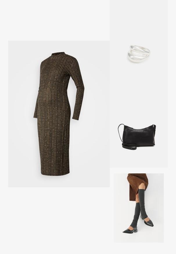 Garām piedurknēm, pieguļošs adīts kleita ar augstu apkakli, kurai ir melna un zelta vertikāla svītru raksts. Garums līdz apakšstilbam.; Melnas laka ādas apavi ar norādītu purngalu, blokveida papēdi un potīšu jostu, saskaņoti ar pelēkām ribotām kāju sildītājām un brūnu zamšādas svārku.; Melna ādas plecu soma ar gludu tekstūru, izliekta forma, regulējama siksna un rāvējslēdzēja aizdare. Minimālistisks dizains bez rotājumiem.; Sudraba divu joslu gredzens ar gludu, pulētu virsmu. Iezīmējas ar plūstošu, izliekta dizaina struktūru ar pārklājošām sekcijām modernam izskatam.