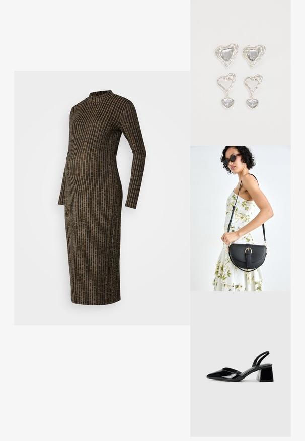 Dugo rukava, uska pletena haljina s lažnim ovratnikom, koja ima crnu i zlatnu vertikalnu prugastu uzorku. Dužine do sredine tele.; Crne lakirane kožne sandale s otvorenom petom i špicastim vrhom, s geometrijskom blok petom. Imaju elegantan, minimalistički dizajn i glatku teksturu.; Crna kožna torba s lukovitim oblikom, odvojivim remenom i zlatnim detaljima. Torba ima preklop s kopčom.; Srebrne naušnice u obliku srca imaju fasetirane prozirne kamenčiće, s teksturiranim okvirom. Set uključuje naušnice na dugme i viseće stilove.