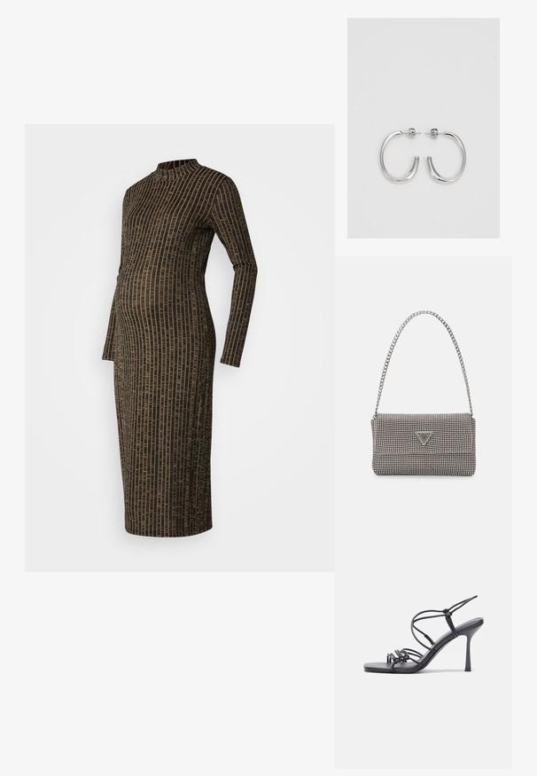 Dugo rukava, uska pletena haljina s lažnim ovratnikom, koja ima crnu i zlatnu vertikalnu prugastu uzorku. Dužine do sredine tele.; Crne sandale na visokoj potpetici imaju tanke trake s čvorastim dizajnom, glatki kvadratni vrh i elegantnu stiletto petu.; Svijetlosivi metalik ruksač s lancem, ukrašen malim okruglim metalnim zakovicama i trokutastim logotipom marke.; Srebrne naušnice u obliku obruča sa glatkom, sjajnom površinom, zakrivljenog oblika i zatvaranjem na čep. Minimalistički dizajn s modernim završetkom.