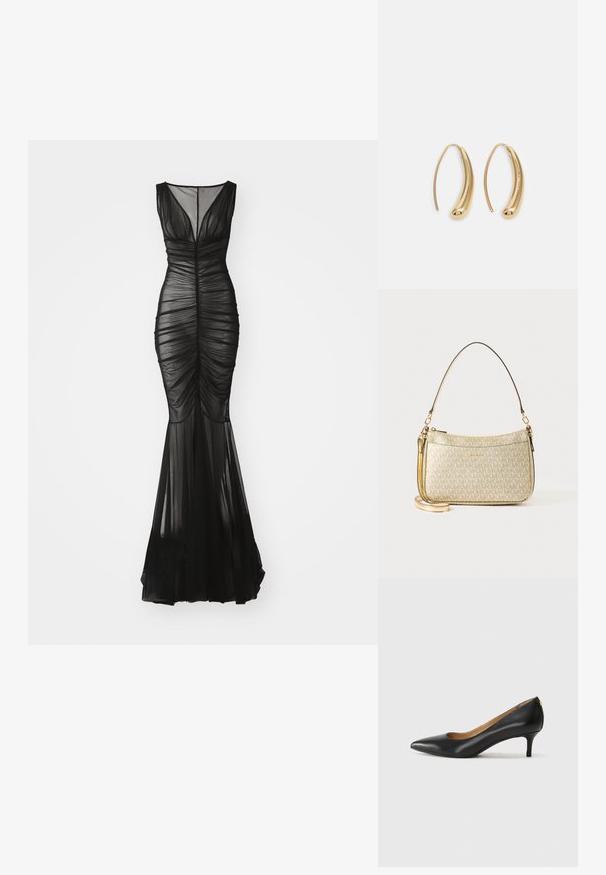 Fekete, ujjatlan estélyi ruha drapériával, átlátszó overállal, testhez simuló felső résszel és bővülő szegéllyel. V-nyakú, finoman redőzött.; Fekete bőrpumpa hegyes orral, alacsony sarokkal és sima felülettel. Elöl enyhe nyílással rendelkezik, hátul pedig minimális részletezéssel.; Arany textúrájú kézitáska sima bőrszíjjal, cipzárral záródik, és diszkrét logós mintázattal van ellátva a felületén.; Aranyszínű fémből készült karika fülbevalók ívelt, hosszúkás formával. Simaságával és fényes felületével, valamint lekerekített végével további részletekkel bővül.