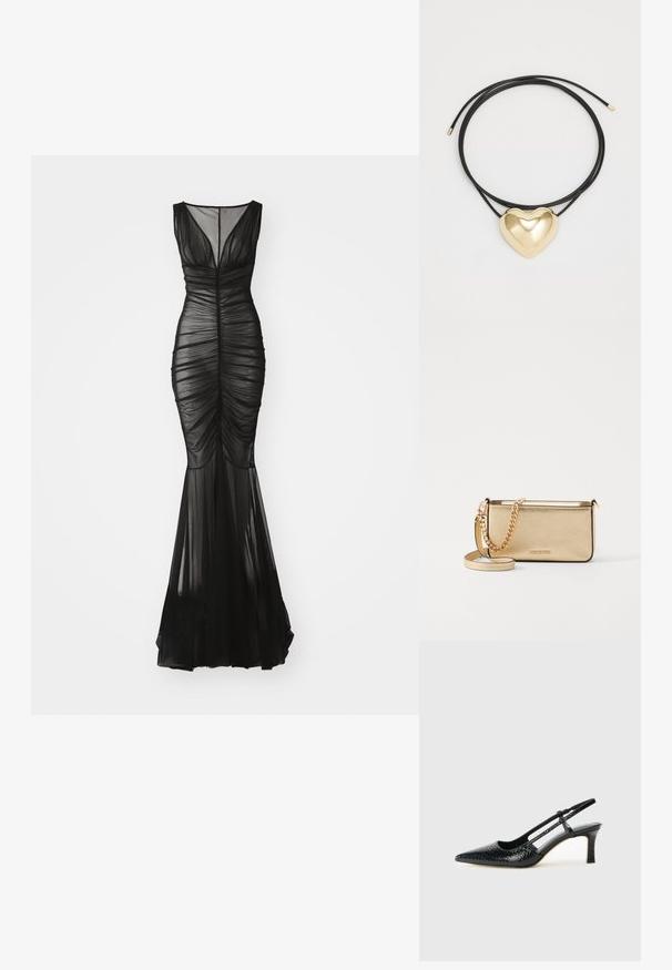 Juoda, be rankovių vakarėlio suknelė su raukiniais, permatomu sluoksniu, prigludusia liemenėle ir išplatėjusia apatine dalimi. Savybės: V formos iškirptė ir švelnus praskiedimas.; Juodai lakuoti slingback aukštakulniai su smailiu nosiu, su tekstūruotu gyvatės raštu, reguliuojama juosta ir trumpu, tekstūruotu blokiniu kulnu.; Metaliniu auksu padengtas odinis rankinukas su tekstūruotu paviršiumi, kuris turi auksinį grandinėlės dirželį ir nuimamą petį. Įspaustas prekės ženklas.; Juodas pintas virvutės vėrinys su poliruotu auksiniu širdies pakabuku, pasižyminčiu švelniomis formomis ir blizgiu paviršiumi.