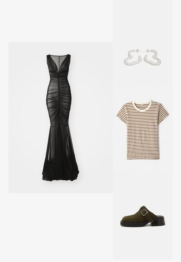 Rochie de seară neagră, fără mâneci, cu detalii plisate, overlay transparent, corset ajustat și tiv evazat. Prezintă decolteu în V și drapaje delicate.; Tricou rayé cu dungi maro și albe pe orizontală, mâneci scurte și guler rotund de culoare crem, dintr-un material moale și texturat.; Mule din zamac verde olive cu un toc scăzut și gros negru. Are o curea laterală cu o cataramă argintie pentru ajustare. Textură netedă în general.; Cercei din metal de culoare argintie, cu un design ondulat și abstract, împodobit cu cristale mici și strălucitoare. Închidere cu tijă sigură.