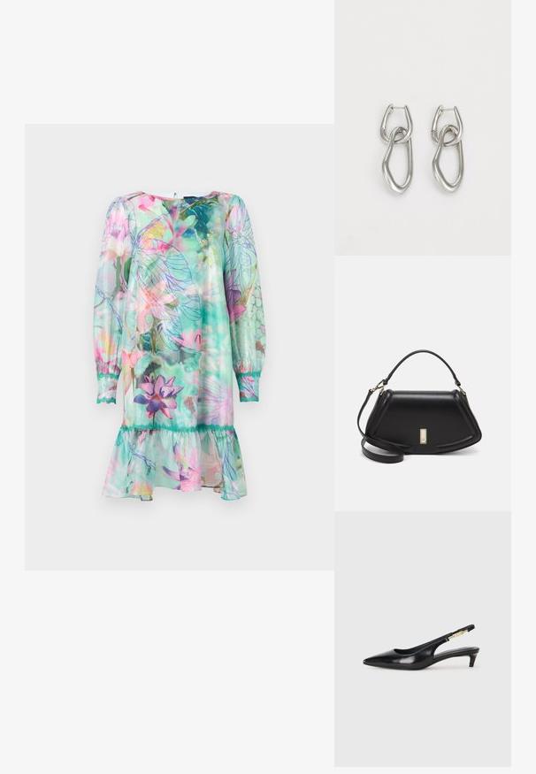 Průhledné, krátké šaty v tyrkysové barvě s květinovým potiskem, který obsahuje růžové a fialové akcenty. Volánkový lem a dlouhé rukávy s elastickými manžetami.; Černé kožené boty na podpatku s otevřenou patou a špičatou špičkou, s tenkým podpatkem a zlatým akcentem na nastavitelném pásku. Hladký povrch.; Černá kožená kabelka se strukturovaným designem, jejíž tvar je zkrácený, má horní rukojeť a zlaté kovové detaily. Součástí je i nastavitelný ramenní popruh.; Calvin Klein STATEMENT LINKS - Náušnice - silver-coloured