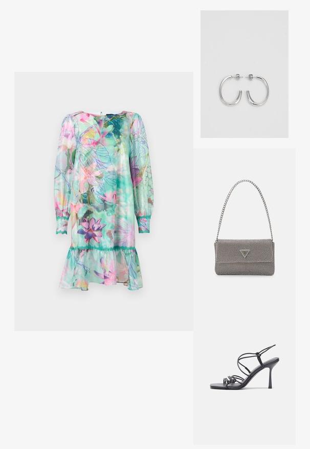 Kerge, lühike kleit türkiissinises värvitoonis, millel on lillemuster roosa ja lilla aktsentidega. Rikkalikult rüüd võrgutava äärega ning pikat hihna elastsete mansettidega.; Mustad musta värvi kontsandaalid on varustatud peente rihmadega, millel on sõlmekujundus, siledad ruudukujulised varbad ja stiilne stilettokonts.; Helehall metallik handbags, millel on kett, kaunistatud väikeste ümmarguste metallist õmblustega ja kolmnurkse brändi logoga.; Hõbedased rõngaskõrvarõngad, millel on sile ja läikiv pind. Ümar kuju, kerge disain, millel on post-tagumise kinnituse süsteem.