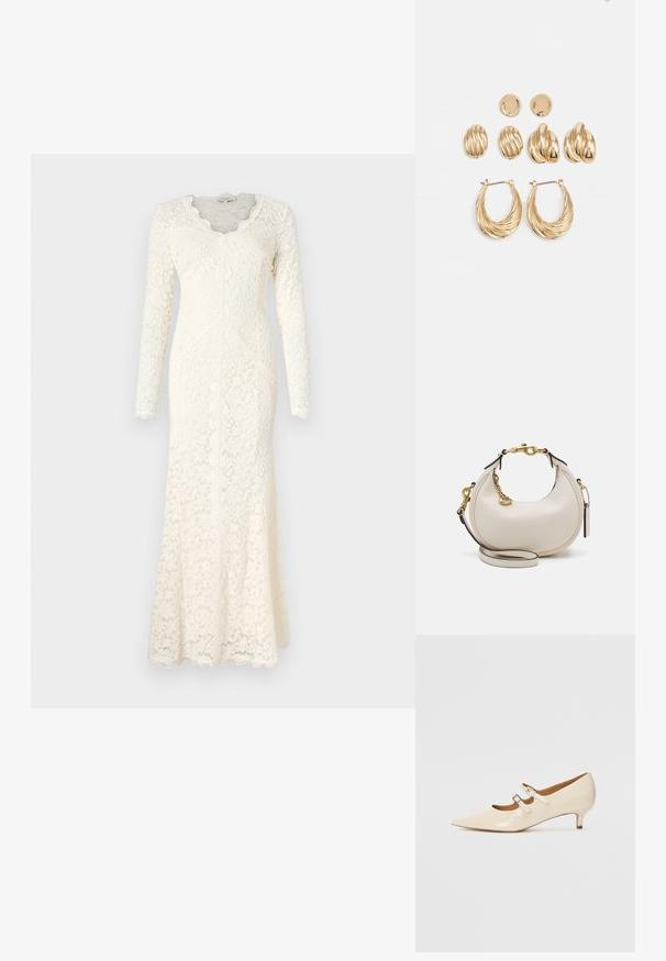 Vestido de renda ivory de mangas longas com decote em V com bordas em cascata, padrão floral e silhueta justa que se alarga na bainha.; Sapatos Mary Jane de couro sintético bege com duas fivelas ajustáveis, bico apontado e um salto baixo. Textura suave com um acabamento brilhante.; Bolsa de mão em pele creme com forma de meia-lua, detalhes em ouro, acabamentos pretos e uma alça removível. Apresenta um detalhe em corrente e uma etiqueta.; Conjunto de brincos em tom dourado composto por três pares: brincos de botão ovais texturizados, brincos de design ondulado e grandes brincos em argola com camadas em relevo.