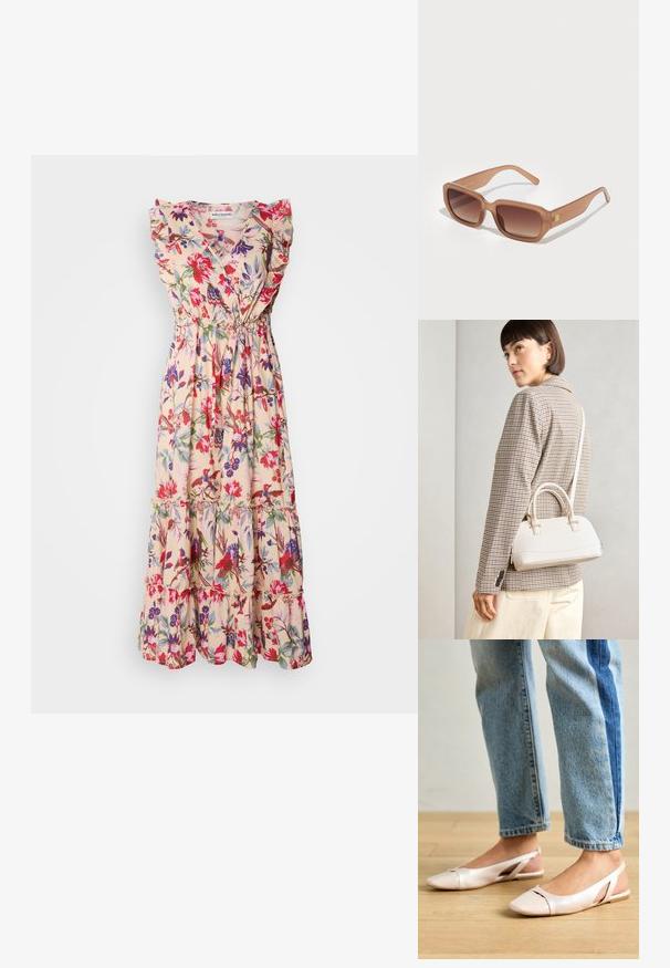 Blomstrete maxi-kjole med lys beige bakgrunn, voluminøse ermer, dyp V-hals, elastisk midje og tiered skjørt med livlige røde og lilla blomster.; Lys rosa slingback leiligheter med spiss tå, laget av et glatt, læraktig materiale. Har utskjæringer på sidene og lav hæl.; Brune rektangulære solbriller med gradientlinser, tykke rammer og en logo detalj på siden. Glatt plastmateriale, minimalistisk design.; Hvit strukturert håndveske med korte håndtak og skulderreim, med detaljer i gullfinish og teksturert materiale, vist mot en grå bakgrunn.