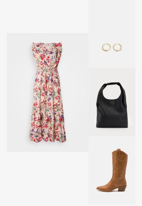 Květinové maxi šaty s světle béžovým pozadím, volánovými rukávy, hlubokým V výstřihem, elastickým pasem a vícevrstvou sukní s živými červenými a fialovými květy.; Hnědé kožené kovbojské boty s špičatou špičkou, vyšívanými spirálovými vzory na štítech a s blokovým podpatkem. Obsahují poutko pro snadné obouvání.; Černá kůže hobo taška s jedním měkkým, zaobleným uchopem; má hladkou texturu a minimalistický design. Bez viditelného kovového doplňku nebo akcentů.; Zlaté kruhové náušnice s texturovaným, nepravidelným tvarem. Disponují bezproblémovým uzávěrem a leštěným povrchem, což zdůrazňuje moderní design.