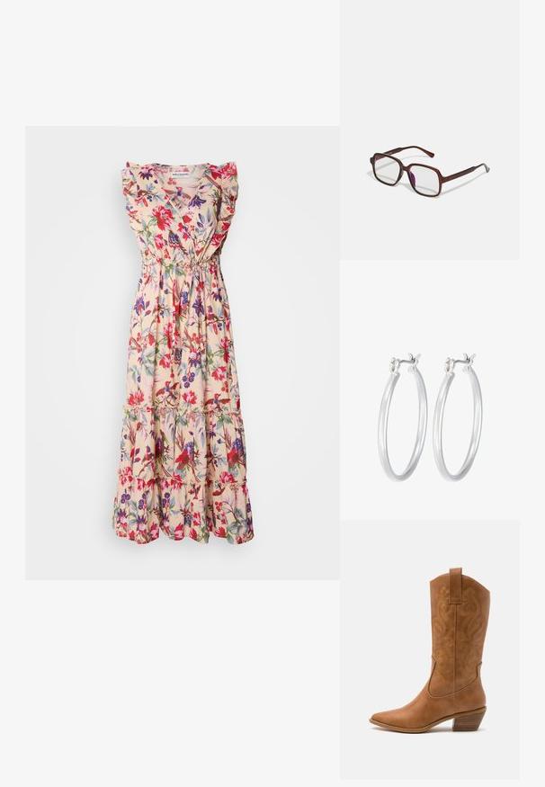 Gėlėtas maksi suknelė su šviesiai pilku fono, raukšlių rankovėmis, giliais V formos iškirpimu, elastingu juosmeniu ir sluoksniuotu sijonu su ryškiomis raudonomis ir purpurinėmis gėlėmis.; Ruda odinė kantri batai su smailiu būtų pirštu, siuvinėtais spiralės raštais ant viršaus ir su kamščiu blokuotu kulnu. Yra tamprių užtraukių, kad būtų lengviau užsidėti.; Rudos, stačiakampiai akinių rėmeliai su skaidriais lęšiais ir violetiniais atspalviais. Lygus plastikinis rėmas su tiesiomis šventyklomis ir subtiliais akcentais.; Sidabriniai auskarai su sklandžiu, poliruotu paviršiumi. Apvalios formos ir saugus uždarymo mechanizmas. Lengvas dizainas, tinkantis kasdieniam dėvėjimui.