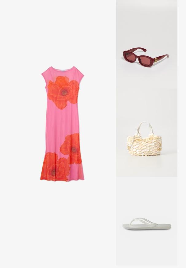 Rosa blomsterkjole med store oransje valmueprint, korte ermer og en flytende design. Laget av lett materiale med glatt tekstur.; Hvit flip-flop med teksturert såle, som har tynne stropper og flatt design. Laget av gummi med en subtil logo på fotbunnen.; Røde plast solbriller med rektangulære rammer, tonede linser og en gullogo aksent på tempelmennene. Glatt, blank overflate.; Hvit håndveske med teksturerte, skjell-lignende utsmykninger med bølger. Har et vevd håndtak og en sølvkjede-rem for allsidighet.