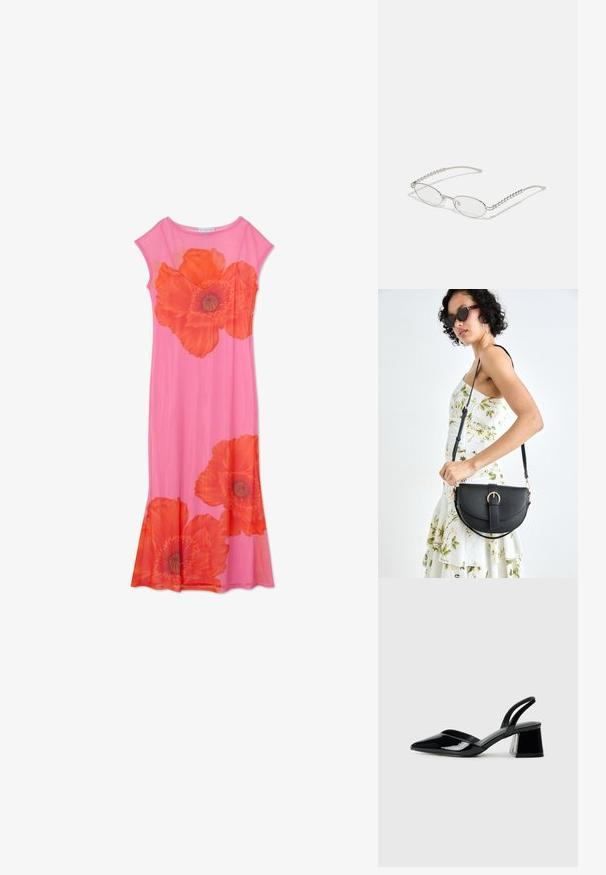 Rózsaszín virágmintás ruha nagyméretű narancssárga pipacs printtel, rövid ujjakkal és lebegő kivitelben. Könnyű anyagból készült, sima tapintású.; Fekete lakk bőr szandálkés magas sarkú cipő, hegyes orral és geometrikus tömbsarkakkal. Karcsú, minimalista dizájn és sima textúra jellemzi.; Ovális szemüveg fém ezüst kerettel, átlátszó lencsékkel és texturált gyöngyös szárakkal. Könnyű kialakítás ívelt karokkal.; Fekete bőrtáska ívelt formával, levehető pánttal és arany színű fémrészekkel. A táskán egy csattal díszített fedél található.