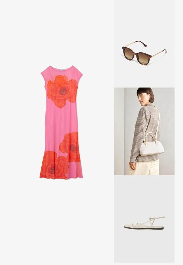 Vestito floreale rosa con grandi stampi di papaveri arancioni, maniche a cappuccio e design fluido. Realizzato in tessuto leggero, dalla consistenza morbida.; Sandal in beige piatta con multiple cinghie sottili e una fibbia regolabile. La suola è piatta con un leggero contrasto scuro lungo il bordo.; Occhiali da sole tartarugati con lenti marroni sfumate, forma rotonda e rifiniture in metallo dorato sulle astine.; Borsa a mano bianca strutturata con manici corti e tracolla, dotata di dettagli in metallo dorato e materiale testurizzato, esposta su uno sfondo grigio.