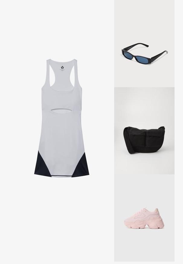 Vestido deportivo blanco con detalles recortados, diseño de espalda nadadora y acentos de malla negra en el dobladillo. Hecho de material elástico y ligero.; Zapatilla deportiva rosa con parte superior de malla texturizada y sintética, suela de goma gruesa y diseño curvado en los paneles laterales. Cerra de cordones.; Gafas de sol negras con una elegante montura rectangular y lentes azules. Presentan una textura suave y varillas resistentes. Logo de la marca en el costado.; Bolso bandolera de pana negra con correa ajustable, que cuenta con bolsillos frontales y una textura suave. Diseño compacto con detalles mínimos.