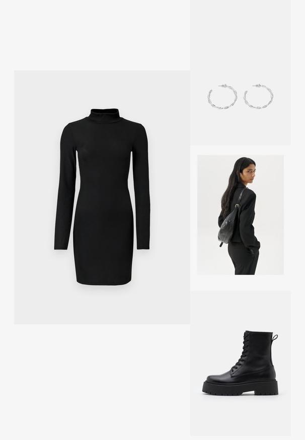 Abito nero a maniche lunghe con collo alto, silhouette aderente e texture liscia. Lunghezza fino a metà coscia e senza motivi o accenti visibili.; Stivaletti in pelle nera alla caviglia con punta rotonda, lace-up frontale e suola in gomma spessa con battistrada textured. Tassello sul retro.; Donna con lunghi capelli scuri, vestita con un completo nero, che porta una borsa a tracolla in pelle nera, mentre guarda oltre la spalla su uno sfondo bianco.; Orecchini a cerchio in argento con un design torciglionato, caratterizzati da una finitura lucida e chiusura a perno. Misurano circa 3 cm di diametro.