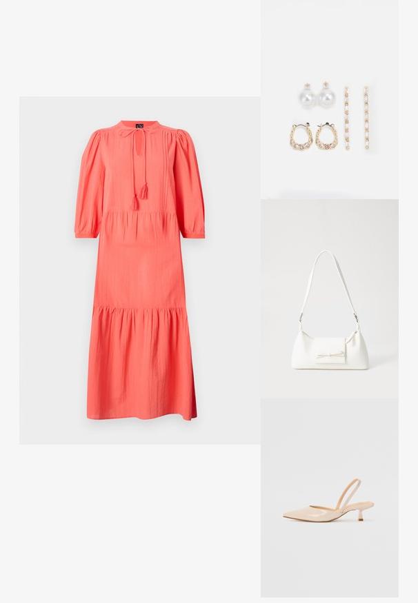 Koralen dolga obleka s tromestnimi nabranimi rokavi, okroglo ovratnico in nastavljivim detajlom z vezalko. Ima večplastni, razširjen rob in teksturirano tkanino.; Bež čevlji na peto iz patentiranega usnja, s koničastim nosom in ozko kvadratno peto. Gladka tekstura in minimalističen dizajn brez okrasja.; Bela sintetična torbica v obliki trikotnika, z ravnim sprednjim poklopcem in detajlom mašne, nastavljivim trakom, gladko teksturo in minimalističnim dizajnom.; Tri para uhani: veliki beli biserni uhani, zlate obroče s prozornimi dragulji in dva dolga, ravna zlate uhan s svetlečimi podrobnostmi.