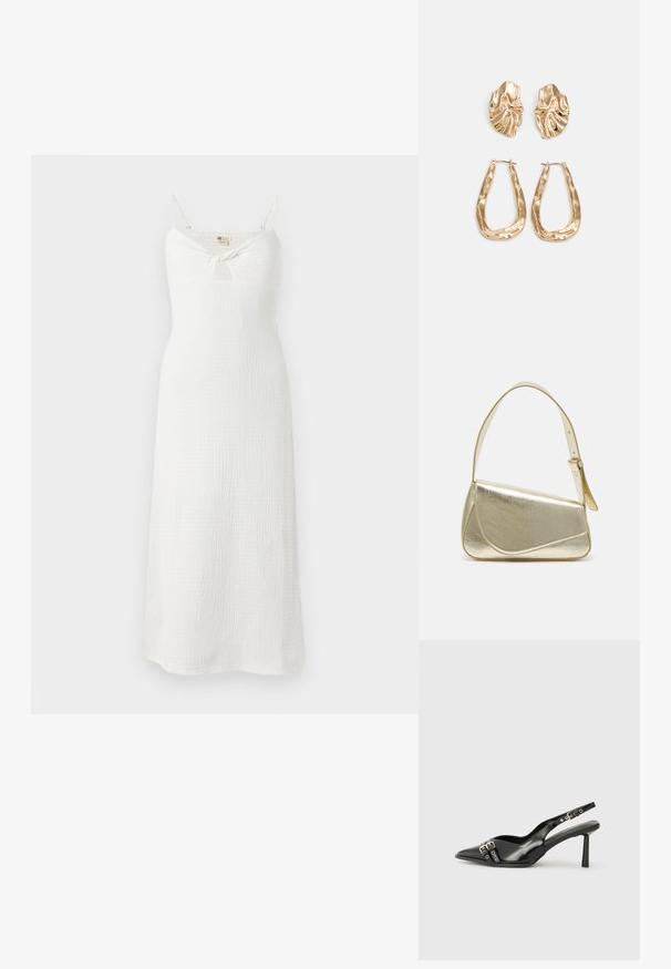 Vestido blanco sin mangas con un detalle de nudo en la parte delantera. Hecho de una tela texturizada, tiene un corsé ajustado y una falda fluida hasta los tobillos.; Zapato de charol negro tipo slingback con punta afilada, correas al tobillo con hebillas y herrajes de plata, y un tacón delgado.; Bolso de mano metálico dorado con un diseño estructurado, textura suave y correa ajustable. Presenta una forma triangular única y un cosido minimalista.; Pendientes en tono dorado que presentan formas texturizadas y onduladas. Incluyen aros de clip esculturales y un diseño de aro abierto con un acabado martillado.