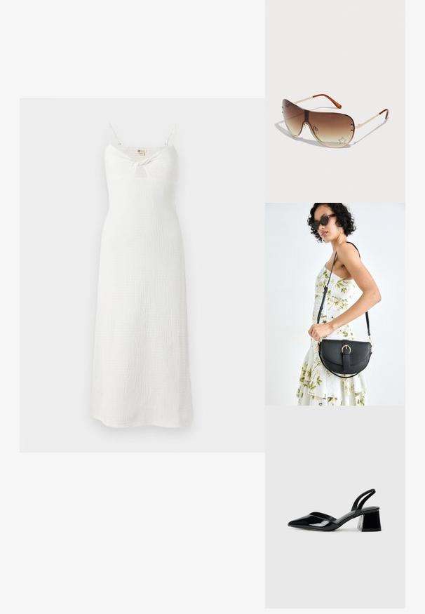 Witte, mouwloze jurk met een geknoopte details aan de voorkant. Gemaakt van gestructureerde stof, heeft het een aansluitende lijfje en een vloeiende, enkel-lange rok.; Zwarte gepatineerde leren slingback hakken met een spitse neus en een geometrische blokhak. Kenmerkt zich door een slank, minimalistisch ontwerp en een gladde textuur.; Zonnebril met een bruine gradientlens, metalen frame en een decoratief sterrenpatroon met rhinestones op de rechteronderlens.; Zwarte leren handtas met een gebogen vorm, afneembare schouderband en gouden hardware. De tas heeft een klep met een gespsluiting.