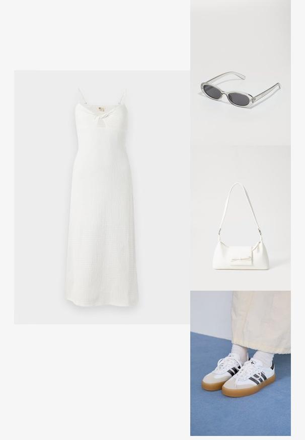 Rochie albă, fără mâneci, cu un detaliu frontal legat. Confecționată dintr-un material texturat, are un corset ajustat și o fustă fluidă, lungă până la gleznă.; Adidași albi cu dungi negre și accente din suede bej. Au talpă din cauciuc texturat și șireturi albe plate, purtați cu șosete de culori deschise.; Ochelari de soare cu formă ovală, ramă din plastic transparent, lentile gri închis și brațe subțiri transparente cu accente de logo și detalii minime.; Geantă sintetică albă, cu formă triangulară, capac frontal plat și detaliu cu fundă, curea ajustabilă, textură netedă și design minimalist.