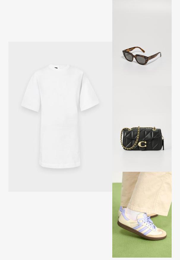Fehér pamut póló rövid ujjal, kerek nyakkivágással és egyenes aljjal. Simább felszín, látható minták vagy díszítések nélkül.; Krém és levendula színű sportcipők három csíkkal és texturált barna talppal, fűzőkkel és párnázott sarokkal. Puha anyagú felsőrész.; Tortúra napszemüveg, szögletes kerettel és szürke lencsékkel. Fényes felülettel rendelkezik, és diszkrét logó látható a szárakon.; Fekete steppelt bőr kézitáska arany lánc pánttal és kör alakú akasztóval. Kompakt, téglalap alakú.