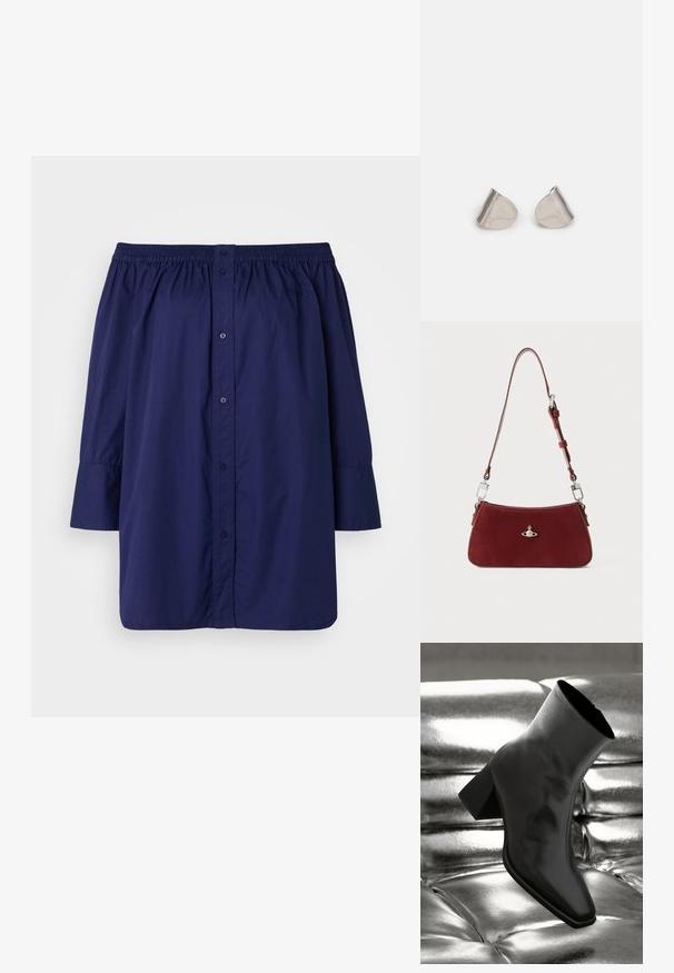 Marineblaue Off-Shoulder-Bluse aus leichtem Stoff. Verfügt über eine Knopfverschluss, einen elastischen Halsausschnitt und lange, leicht gepuffte Ärmel.; Schwarzer Knöchelstiefel aus glänzendem Material mit quadratischer Zehenform und verjüngtem Absatz, vor einem glänzenden silbernen gepolsterten Hintergrund.; Rote Wildleder Schultertasche mit einer curved Form. Verfügt über einen silberfarbenen Akzent und einen verstellbaren Trageriemen mit Hardware-Details. Glatte Textur.; Silberne Metalohrringe mit einer glatten, tröpfchenförmigen Form und einer polierten Oberfläche. Subtile Gravuren fügen Details hinzu. Minimalistisches Design.