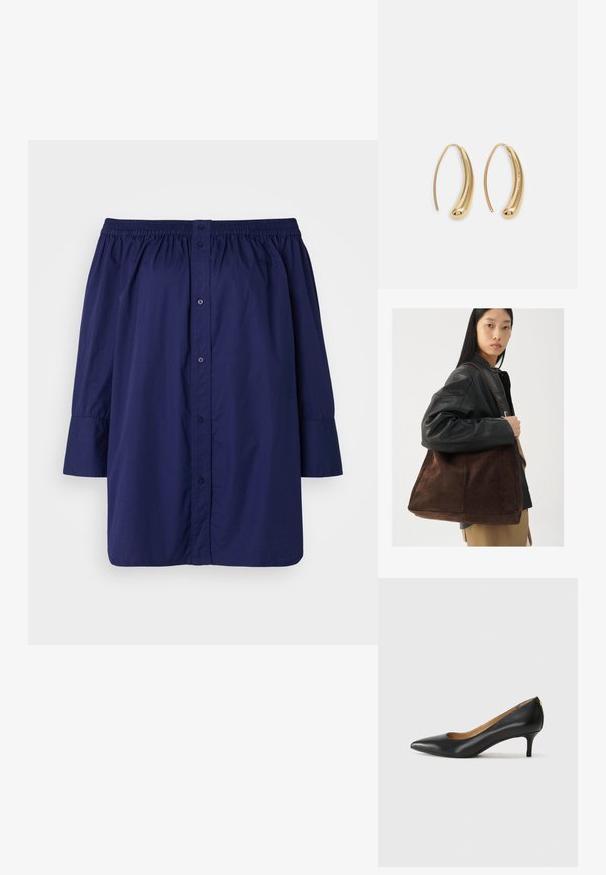 Jūras spēku zils ofšora krekls, kas izgatavots no viegla auduma. Tam ir pogu aizdare, elastīga apkakle un garas, nedaudz pūkainas piedurknes.; Melnas ādas augstpapēžu kurpes ar pīlādžu purngalu, zemu papēdi un gludu virsmu. Raksturīga neliela atvere priekšā un minimāls aprīkojums aizmugurē.; Brūns zamša toleta soma ar plašu formu un mīkstu tekstūru, ar vienu siksniņu un minimālu aparatūru uz neitrāla fona.; Zelta toņu metāla gredzena auskari ar izliektu, pagarinātu formu. Ar gludu, spīdīgu virsma un noapaļotu galu papildu detaļām.