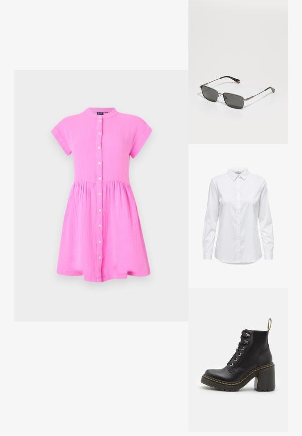 Rózsaszín pamutruha rövid ujjakkal, gombos záródással az elején és bővülő aljjal. A textúra könnyű és enyhén gyűrött.; Fehér, hosszú ujjú, gombos ing, strukturált gallérral és lekerekített aljjal. Zökkenőmentes, egyszínű anyagból készült, látható minták vagy díszítések nélkül.; Fekete bőr bokacsizma, telitalpú, csipkés elülső résszel, fém szemekkel és sárga varrással a talpon. Texturált gumi talp.; Polaroid UNISEX - Napszemüvegek - matte black