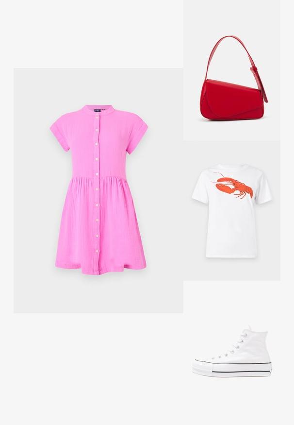 Rochie din bumbac roz, cu mâneci scurte, închidere cu nasturi pe față și fustă evazată. Materialul este ușor și ușor șifonat.; Tricou alb din bumbac, cu un grafic mare, viu colorat de homar roșu pe față. Mâneci scurte și un guler standard de tip crew neck.; Adidași albi tip pantofi sport cu glezna din pânză, cu talpă din cauciuc negru, capac de vârf din cauciuc frontal și șase ochiuri pentru șireturi, având un design curat și minimalist.; Geantă de mână din piele roșie, cu un design unghiular și geometric. Dispune de o singură curea ajustabilă și un sistem de închidere cu clapetă, cu detalii cusute.