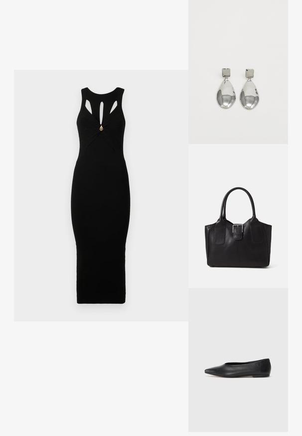 Abito nero a coste con silhouette aderente, caratterizzato da aperture a forma di chiave e un accento dorato al centro. Design senza maniche.; Ballerine in pelle nera, punta affusolata, design minimalista, texture liscia, tacco basso, senza hardware o decorazioni visibili.; Borsa tote in pelle nera con texture liscia, forma strutturata, due manici e un evidente dettaglio in fibbia argentata sul davanti.; Orecchini a goccia in argento con perno quadrato, caratterizzati da una finitura liscia e lucidata e da una forma a goccia, che riflettono la luce grazie a una superficie lucida.
