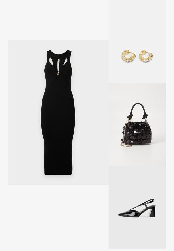 Vestido de malha canelada preto com silhueta ajustada, apresentando recortes em forma de chave e um detalhe dourado ao centro. Design sem mangas.; Sapatos de salto alto em couro verniz preto, com biqueira pontiaguda, tira ajustável e salto retangular robusto.; Mala mini preta de lantejoulas com uma alça texturizada em nó e corrente prateada. Forma arredondada com parte superior pregueada e detalhes reflexivos.; Brincos de argola dourados com um design texturizado e três cristais transparentes em um lado, oferecendo uma estética geométrica moderna.