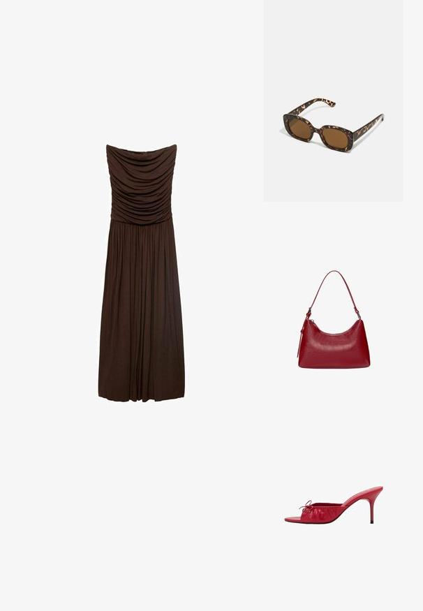Rjava brezNaramnica obleka z nabranim materialom na telesu, ki ima tekoče plisirane dele krila, izdelana iz mehkega, lahkega materiala.; Rdeče usnjene odprte natikače z zloženim in pregibanim dizajnom ter dekorativno pentljo. Imajo stiletto peto in gladko površino.; Sončna očala iz kornjačine s poudarjenim, okroglim okvirjem in rjavimi lečami. Imajo subtilne vzorce in ravne, zožene ročke.; Rdeča usnjena torba za ramo z ukrivljeno obliko, gladko teksturo in zadrgo. Ima tanek ročaj za nošenje.