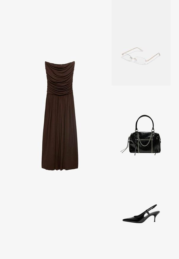 Braunes schulterfreies Kleid mit gerafftem Stoff am Oberteil, fließenden Falten am Rock, aus weichem, leichtem Material.; Schwarze Lackleder-Slingback-Pumpe mit spitzem Zehenbereich, offenen seitlichen Ausschnitten, schlanker Absatz und verstellbarem Knöchelriemen.; Goldfarbene Metallbrille mit ovalen Gläsern, schlanken Bügeln und klaren Nasenpolstern. Verfügt über subtile Scharnierakzente und transparente Gläser.; Bershka WITH CHAIN - Handtasche - black