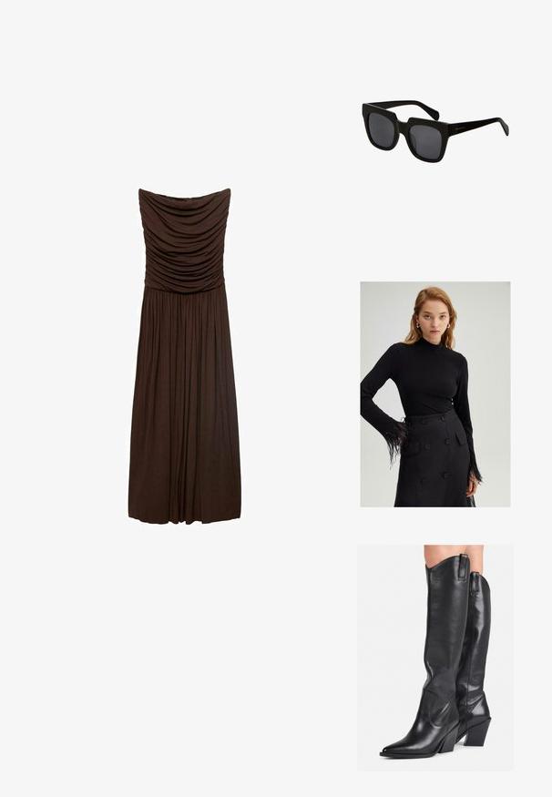 Hnědé bezramínkové šaty s nabranou tkaninou v oblasti těla, s plynulými sklady na sukni, vyrobené z měkkého, lehkého materiálu.; Černý top s dlouhými rukávy a krátkým límečkem, zdobený peřím na manžetách, v kombinaci s černou sukní s vysokým pasem, která má velké knoflíky.; Černé kožené vysoké boty po kolena s špičatou špičkou, zakřiveným svrškem a robustním podpatkem. Mají hladkou texturu a poutka na vrchu.; Černé obdélníkové sluneční brýle s širokými plastovými obroučkami a tmavými skly. Stranice jsou štíhlé s lesklým povrchem a minimálním označením značky.; Černá kožená kabelka s zakřiveným designem, zlatými akcenty a horním uchem. Vybavena elegantním zavíráním a hladkým povrchem.