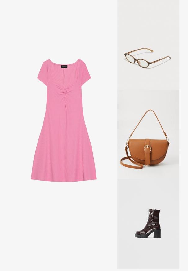 Rochie roz cu mânecă scurtă, cu decolteu pătrat, prezentând detalii pliate în față și o fustă vaporoasă. Fabricată dintr-un material moale, cu textură în dungi.; Botine lucioase burgundy, cu toc gros negru, având o textură netedă și un design simplu. Fără închideri sau modele vizibile.; Ochelari în nuanță de țestoasă maro, cu lentile ovale, brațe subțiri și accente transparente. Prezintă un logo subtil pe tâmplă. Design elegant și ușor.; Geantă din piele maro, tip crossbody, cu o formă curbată, accesorii aurii și un accent cu cataramă. Dispune de un curea de umăr detașabilă.
