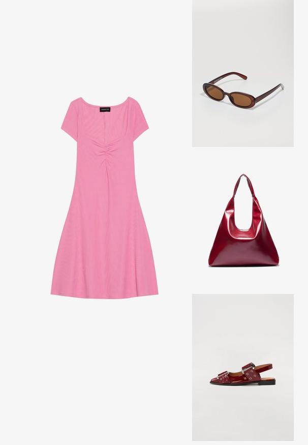 Rózsaszín, rövid ujjú ruha négyzet alakú nyakkivágással, elöl redőzött részlettel és laza szoknyával. Puha, bordázott anyagból készült.; Burgundi lakkbőr slingback cipők hegyes orral, két állítható csatolt pánttal és ezüst színű részletekkel.; Kerek, barna árnyalatú napszemüveg fényes burgundi kerettel. Karcsú karok diszkrét márkázással. Lapos lencse kialakítás.; Piros fényes bőrtáska háromszögletű formával, széles felső nyílással és egyetlen ívelt fogantyúval. Sima felület, minimális varrási részletekkel.