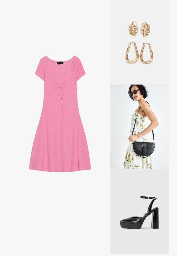 Roosa lühikeste varrukatega kleit ruudukujulise kaelusega, millel on kogutud detail esiosas ja voolav seelik. Valmistatud pehmest, soonikust kangast.; Mustad platvormi kontsad terava ninaga ja reguleeritava pahkluuraamiga. Valmistatud siledast nahast, funktsioneerib massiivse plokknäheeliga.; Mustmust mustraha kõverate joontega, eemaldatava rihmaga ja kuldsete detailidega. Kotil on klapp, millel on pandladetail.; Kuldse värvi kõrvarõngad, mis on kaunistatud tekstuursete ja laineliste kujunditega. Komplektis on skulpturaalsed klamber kõrvarõngad ja avatud rõngasdisain, millel on lõhestatud viimistlus.